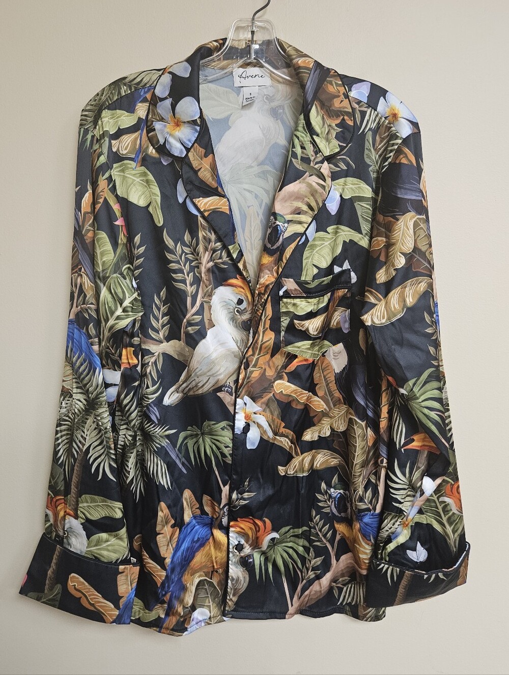 Averie Bird Trees Tropical Colorful Satin Pajama Top Luxury Size Small